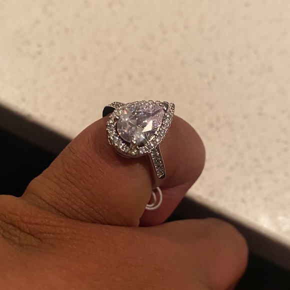 New Halo Pear Austrian Crystal Ring with Single Half Row Pave Engagement Ring - Picture 9 of 12